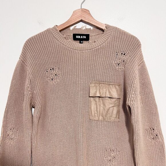 SER.O.YA Devin Oversized Tan Sweater Size XXS Distressed Cotton - Picture 3 of 9